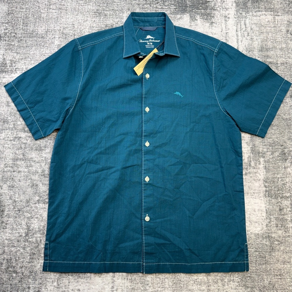 Tommy Bahama Shirt Mens Medium Dark Teal Blue Cotton Button Up Resort Travel - Picture 2 of 12